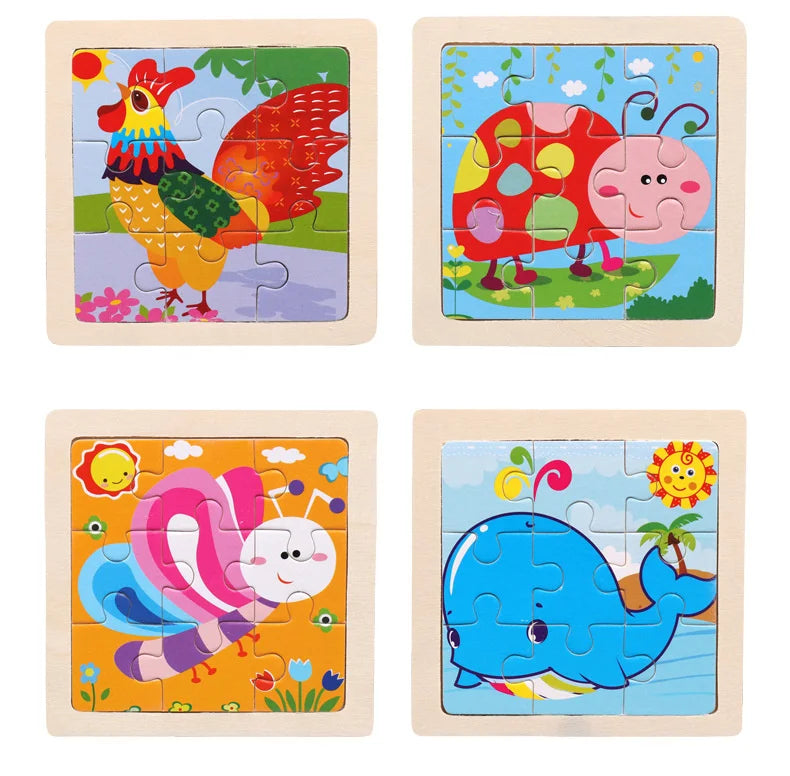 Wooden Toys 11x11cm Jigsaw 3d Puzzle Cartoon Animal Traffic Wooden Puzzle Game Montessori Educational Toys For Children