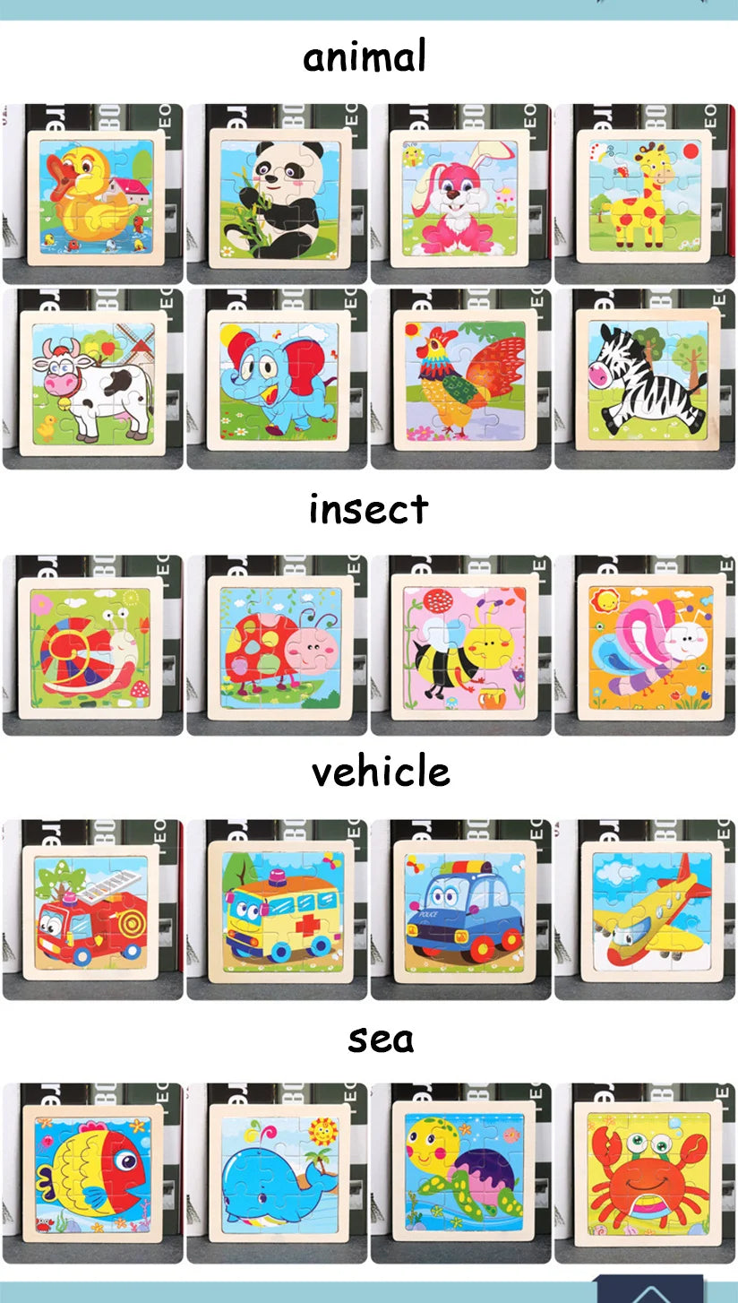 Wooden Toys 11x11cm Jigsaw 3d Puzzle Cartoon Animal Traffic Wooden Puzzle Game Montessori Educational Toys For Children