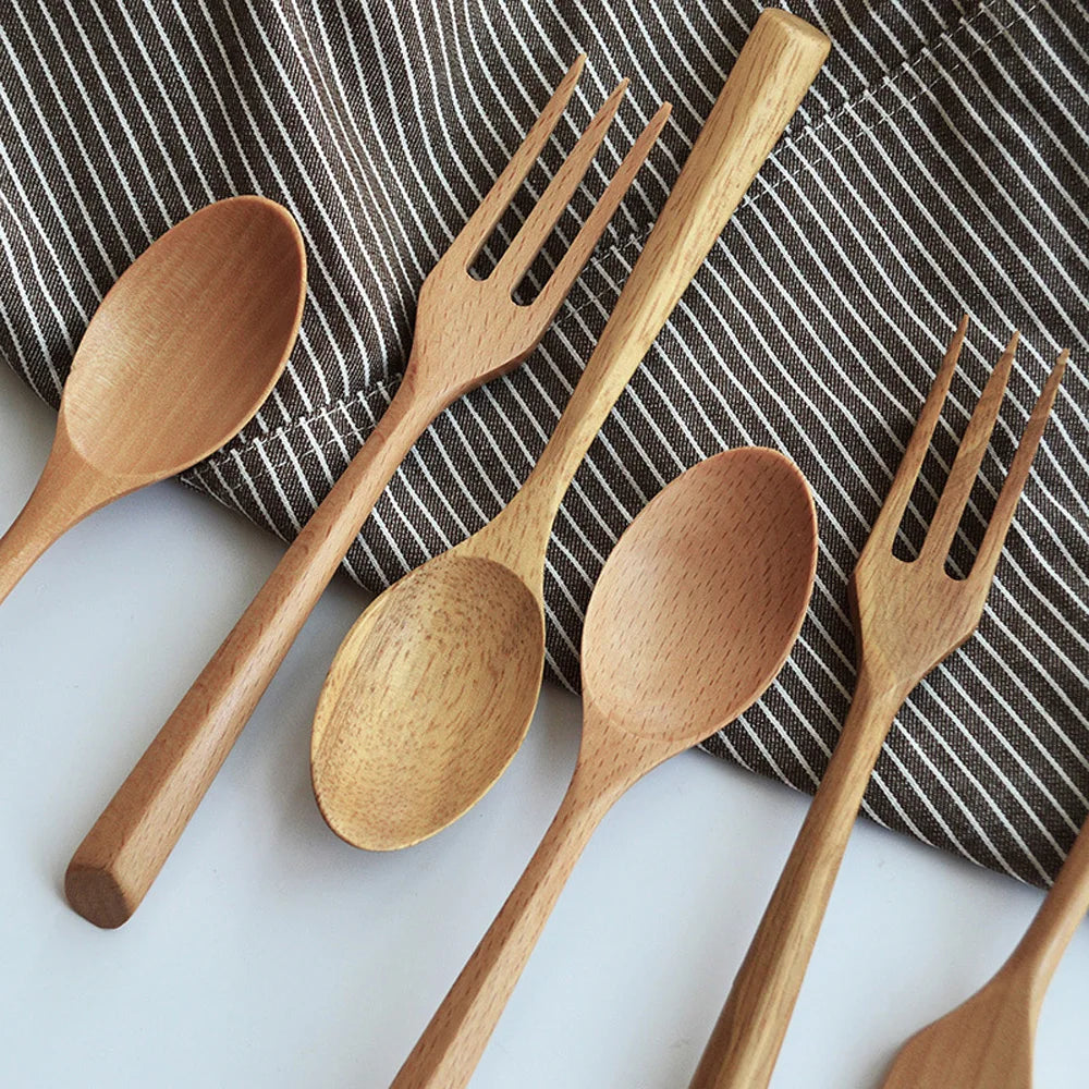 Creative Design Thick Handle Wood Spoon Fork Portable Tableware Wooden Cutlery Sets Travel Dinnerware Environmental Kitchen Tool