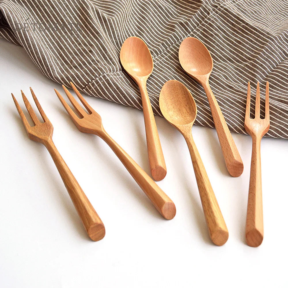 Creative Design Thick Handle Wood Spoon Fork Portable Tableware Wooden Cutlery Sets Travel Dinnerware Environmental Kitchen Tool