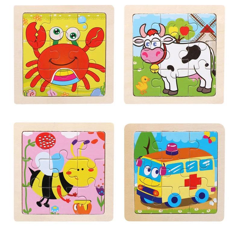 Wooden Toys 11x11cm Jigsaw 3d Puzzle Cartoon Animal Traffic Wooden Puzzle Game Montessori Educational Toys For Children