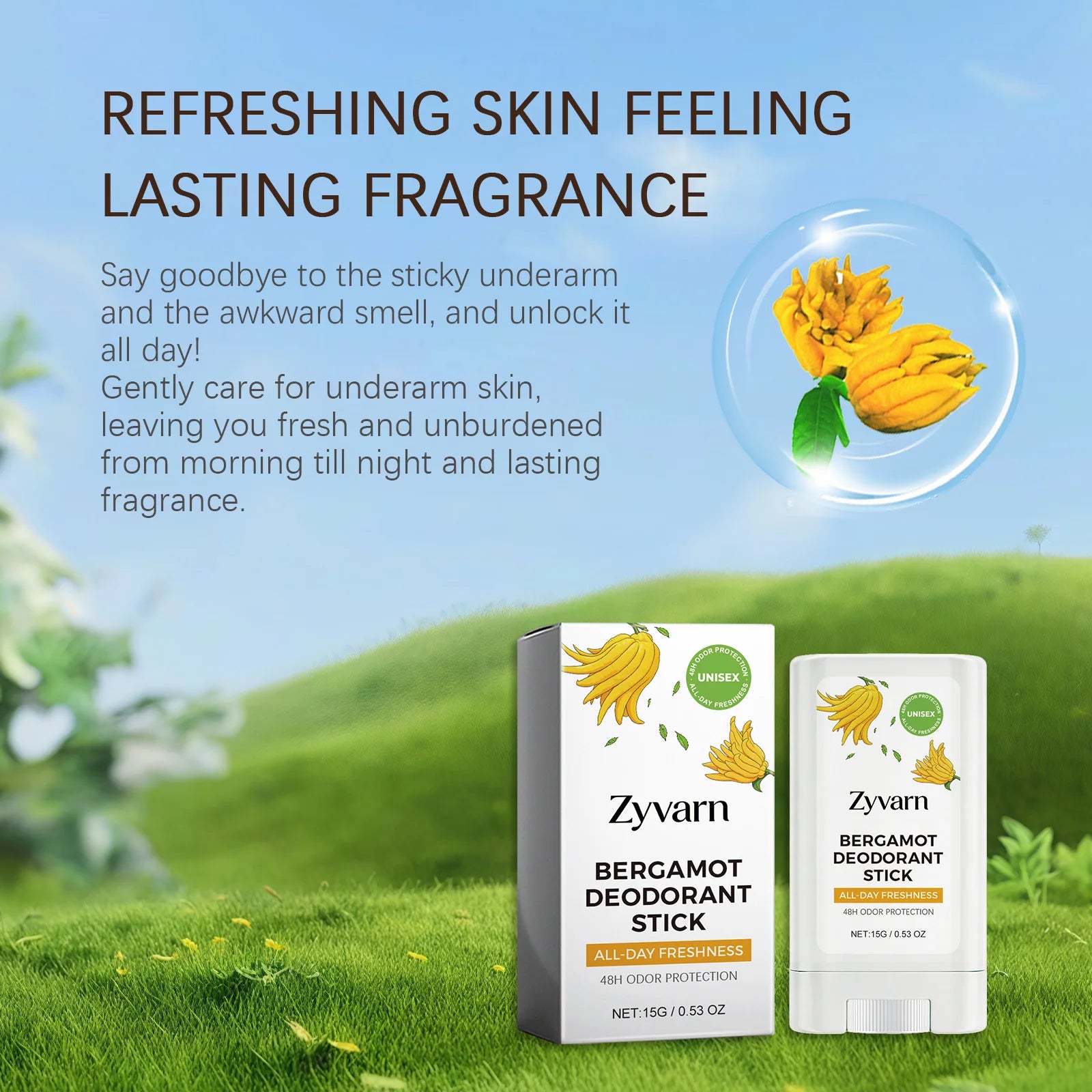 Refreshing Deodorant Balm Stick Natural Bergamot All Day Anti-Odor Easy Apply Pocket Size Portable Underarm Fragrance Balm Stick