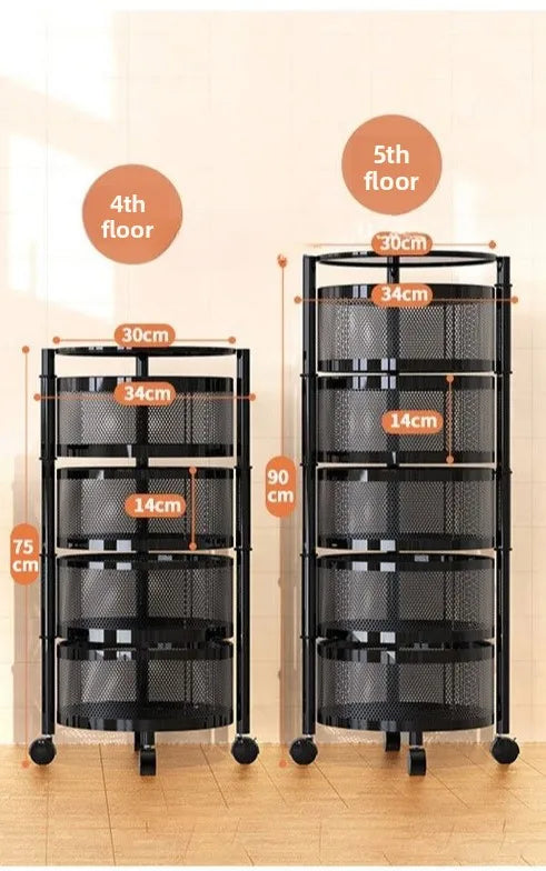 Kitchen Rolling Foldable Portable Storage Multi Tier Round Fruit Vegetable Shelf  Organizer Trolley Cart No Assembly Furniture