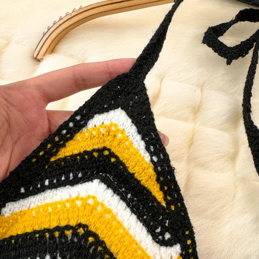 Fashion Knitted Bohemian Crochet Top Hollow Out Backless Ethnic Style Sexy Halter Top Swimwear Top Women