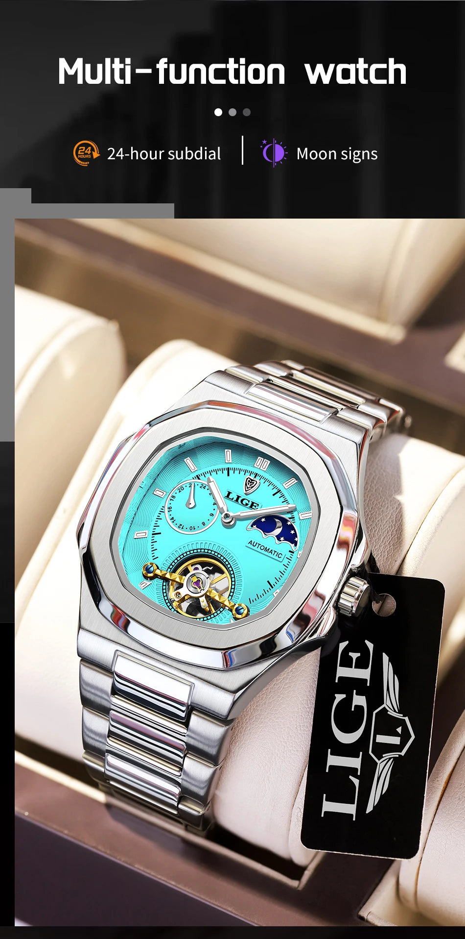 LIGE Dual Seconds Tourbillon Watch 24 Hour Mechanical Watch Men Stainless Steel Authentic Watch Night Glow Waterproof Mens Watch