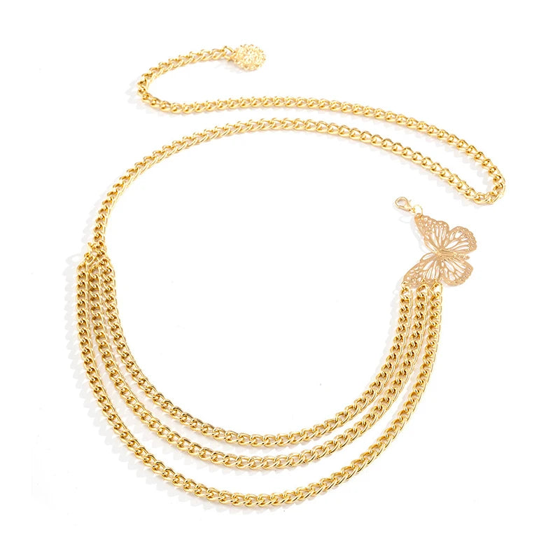 New Fashion Multi-layer Chain Belt For Women Fashion Gold Silver Color Metal High Waist Body Chain Dress Lady Tassel Belt