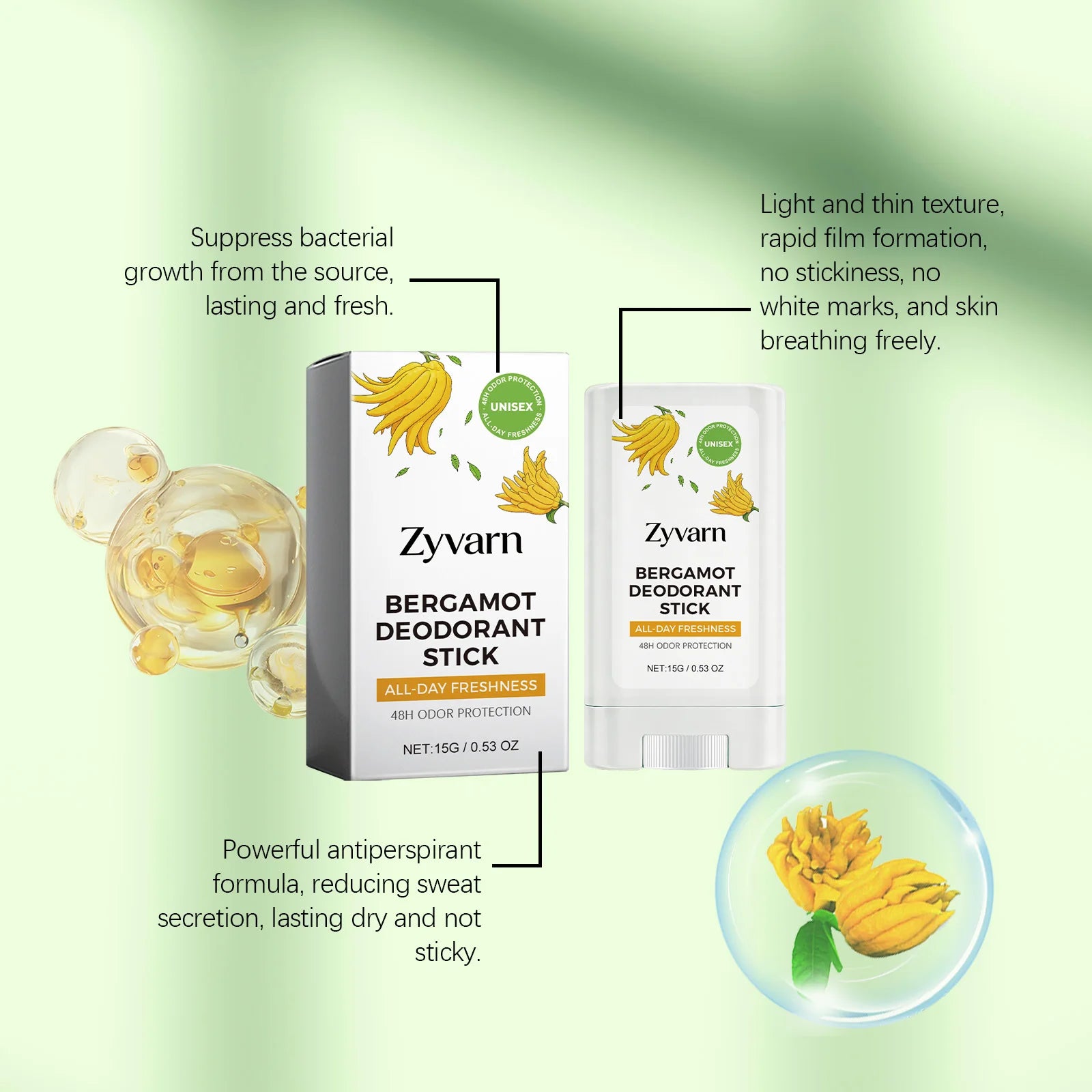 Refreshing Deodorant Balm Stick Natural Bergamot All Day Anti-Odor Easy Apply Pocket Size Portable Underarm Fragrance Balm Stick