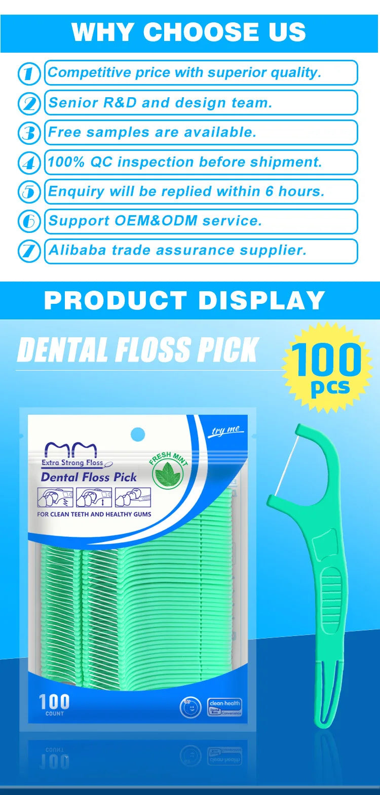 100pcs Mint Flavor Dental Floss Safe High-Grade Toothpick Stick Picks Plastic Toothpicks Ultrathin Peppermint Flavor Teeth Floss