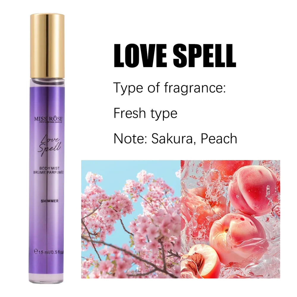 MISS ROSE 15ml Alcohol Free Fragrance Spray Long Lasting Sweet Fruity Shimmer Body Mist Portable Travel Size Deodorant