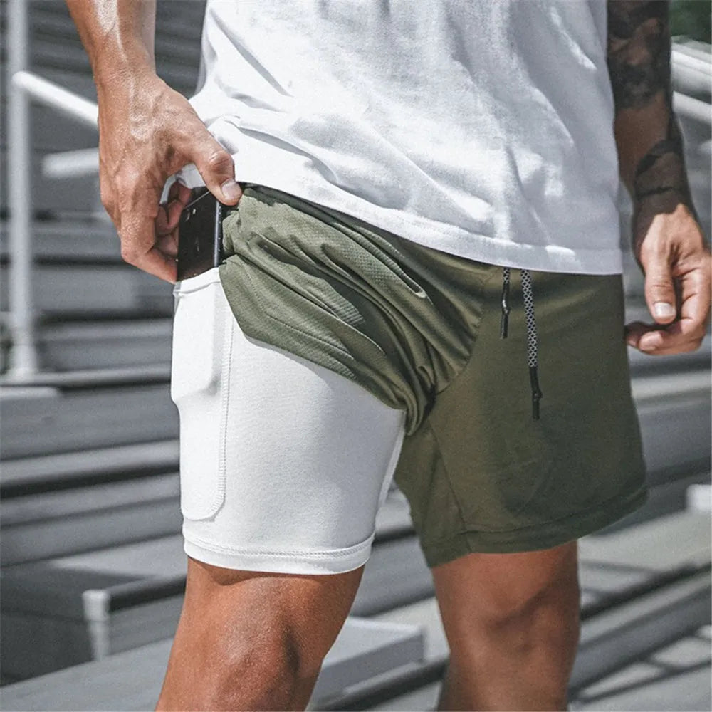 2 in 1 Compression Shorts for Men Gym Workout Running Shorts with Phone Pockets Athletic Quick Dry Activewear Training Jogging