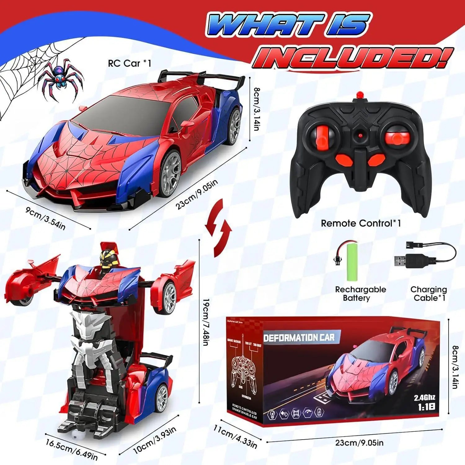 MESIONDY 1:18 Scale RC Car One Button Transform 360 Spin LED Lights 2.4GHz USB Rechargeable for 8-12 Yrs