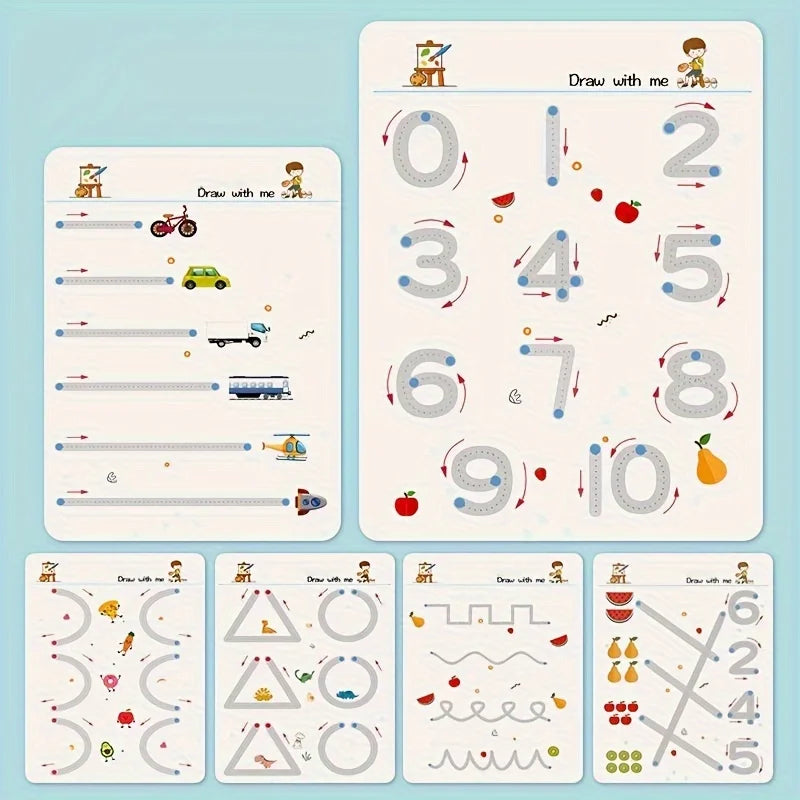 34-Page Reusable Educational Workbook Set, Perfect for Children's Drawing and Handwriting Training, Ideal for Christmas