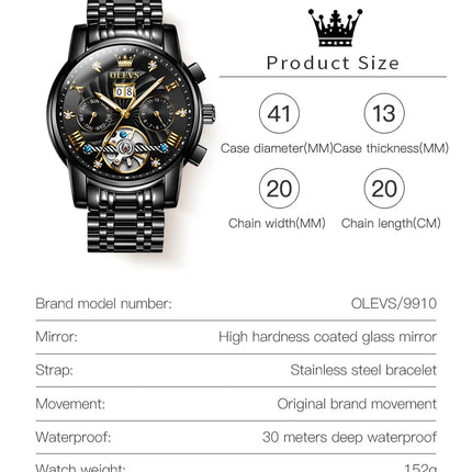 OLEVS Classic Men's Watches Tourbillon Multi-function Full Automatic