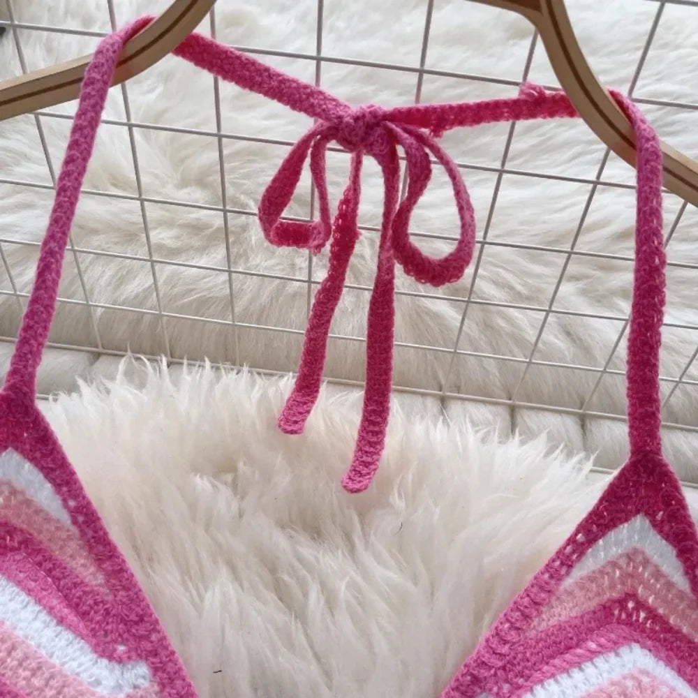 Fashion Knitted Bohemian Crochet Top Hollow Out Backless Ethnic Style Sexy Halter Top Swimwear Top Women