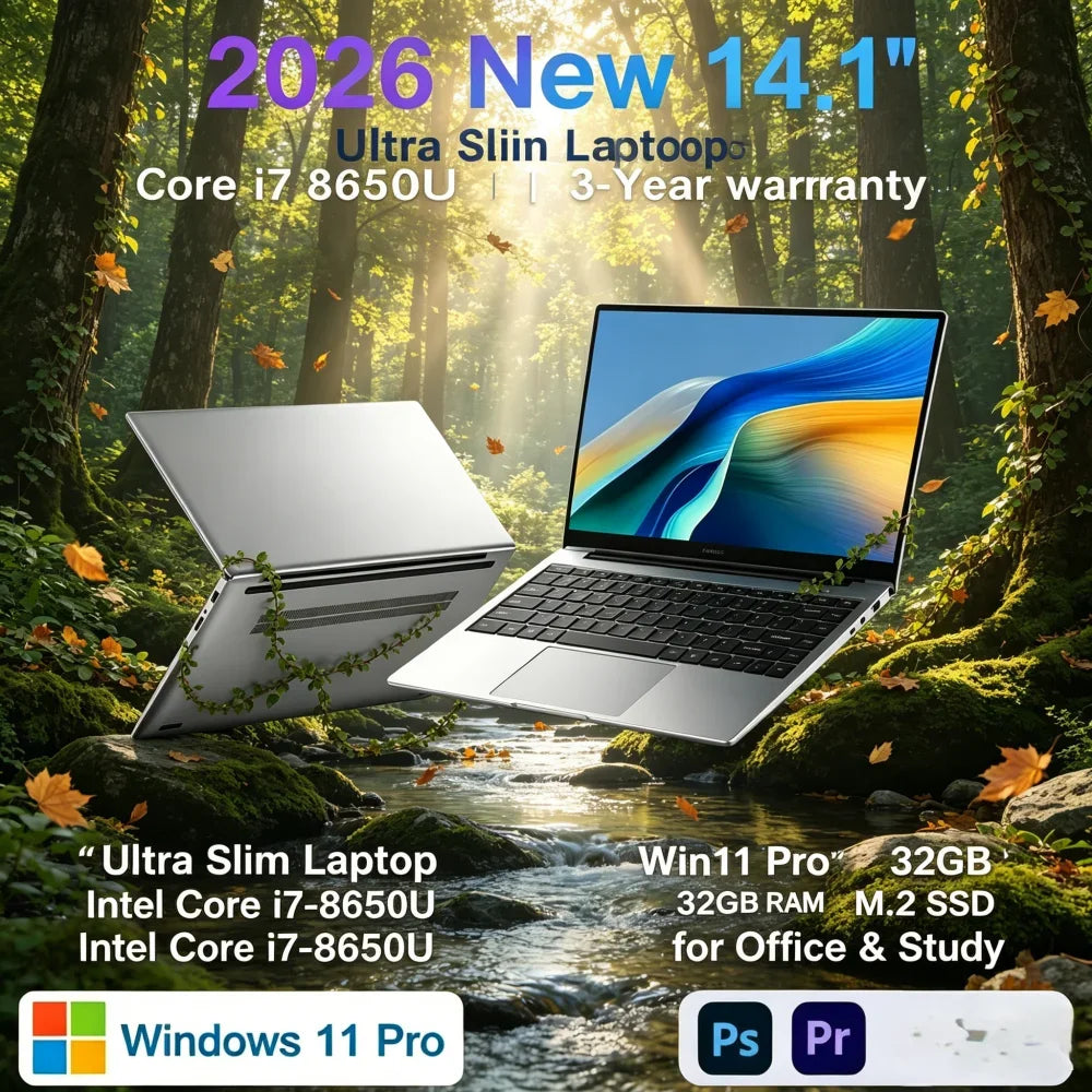 2026 New 14.1" Slim Laptop Intel i7-8650U Win11 Pro 32GB RAM 2TB M.2 SSD For Office & Study Use