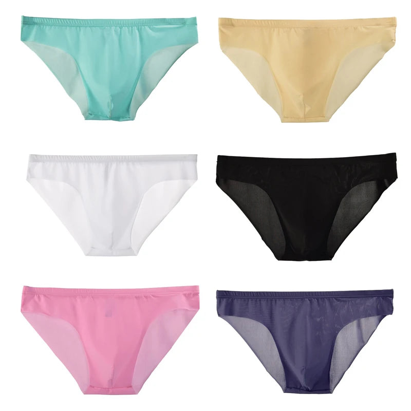 Men's Seamless Thong See-Through Underwear Ultra-Thin Low-Rise Sexy Solid Color Briefs Skin Friendly Soft Elastic Underpants