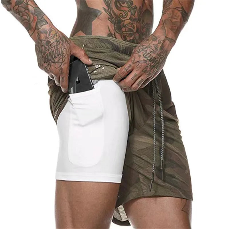 2 in 1 Compression Shorts for Men Gym Workout Running Shorts with Phone Pockets Athletic Quick Dry Activewear Training Jogging