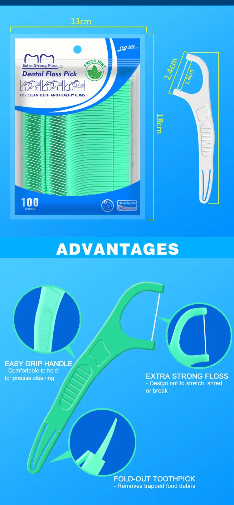 100pcs Mint Flavor Dental Floss Safe High-Grade Toothpick Stick Picks Plastic Toothpicks Ultrathin Peppermint Flavor Teeth Floss