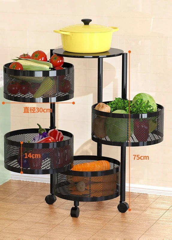 Kitchen Rolling Foldable Portable Storage Multi Tier Round Fruit Vegetable Shelf  Organizer Trolley Cart No Assembly Furniture