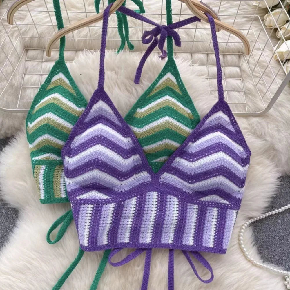 Fashion Knitted Bohemian Crochet Top Hollow Out Backless Ethnic Style Sexy Halter Top Swimwear Top Women