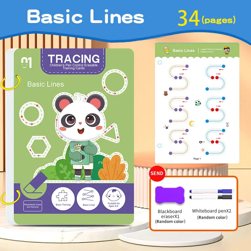34-Page Reusable Educational Workbook Set, Perfect for Children's Drawing and Handwriting Training, Ideal for Christmas