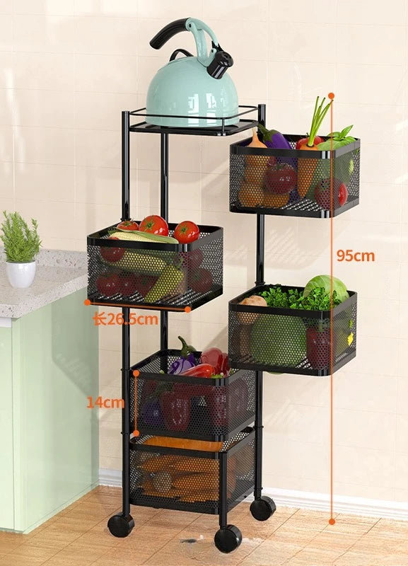 Kitchen Rolling Foldable Portable Storage Multi Tier Round Fruit Vegetable Shelf  Organizer Trolley Cart No Assembly Furniture