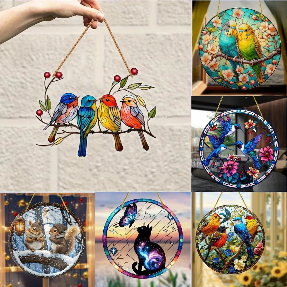 2D Acrylic Flat Printing Birds Flowers Animal Pendant Home Tree Window Hanging Decor Gift Car Backpack Pet Wind Chime Ornament