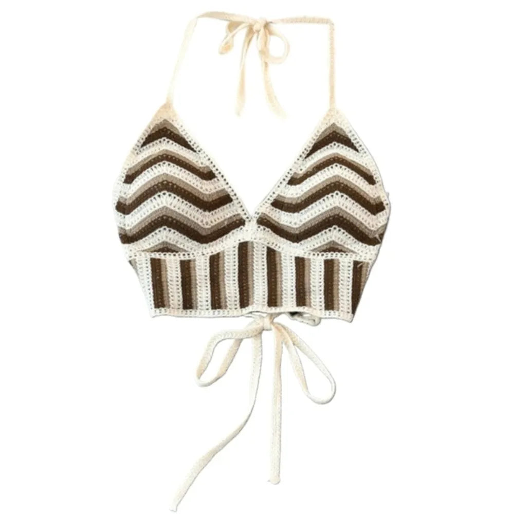 Fashion Knitted Bohemian Crochet Top Hollow Out Backless Ethnic Style Sexy Halter Top Swimwear Top Women