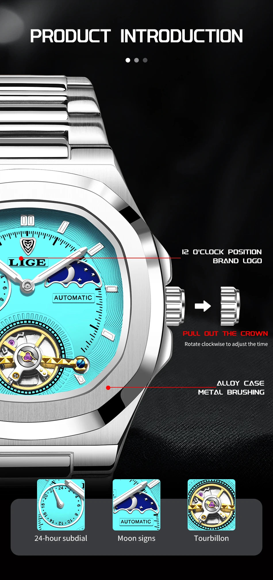 LIGE Dual Seconds Tourbillon Watch 24 Hour Mechanical Watch Men Stainless Steel Authentic Watch Night Glow Waterproof Mens Watch