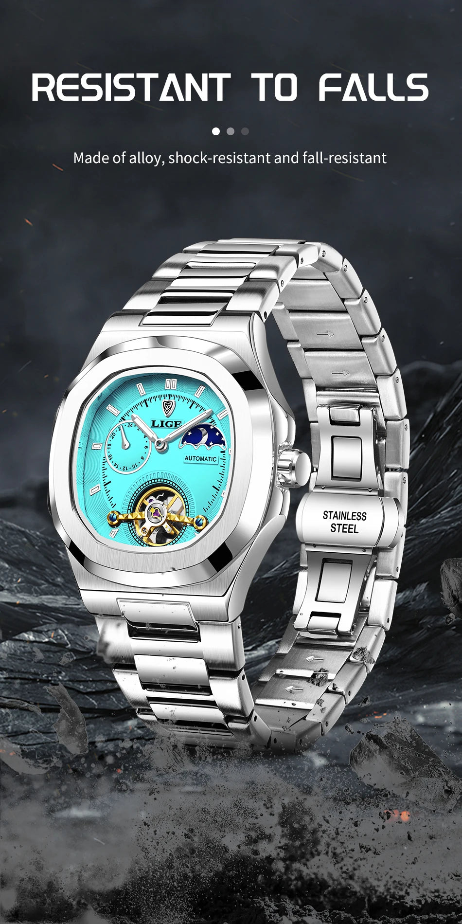 LIGE Dual Seconds Tourbillon Watch 24 Hour Mechanical Watch Men Stainless Steel Authentic Watch Night Glow Waterproof Mens Watch