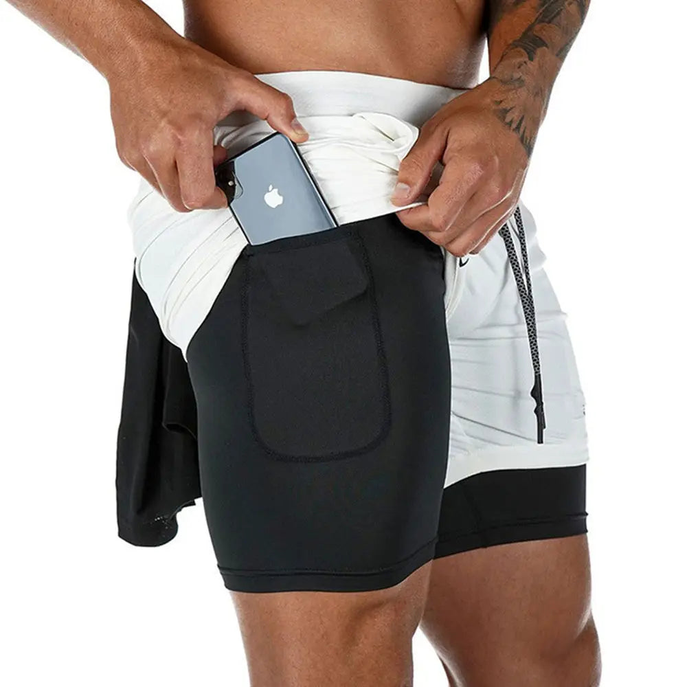 2 in 1 Compression Shorts for Men Gym Workout Running Shorts with Phone Pockets Athletic Quick Dry Activewear Training Jogging