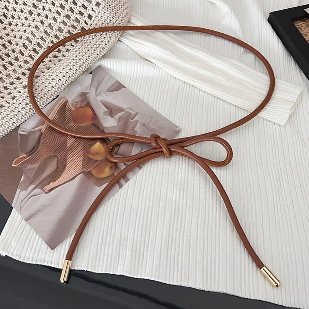 New Round Leather Thin Belt Women Decorative Bow Knot Waist Rope Knotted Dress Coat Sweater String Strap Waistband