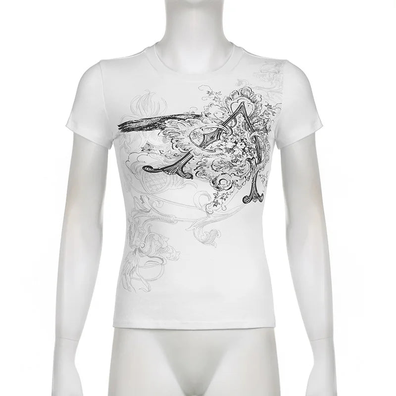 Retro Graphic Crop Top White Short Sleeve O Neck Casual T Shirt for Women y2k Aesthetic Vintage Basic Tees Ladies Clothes
