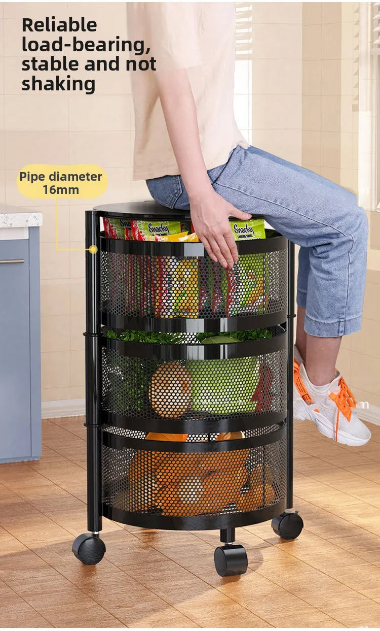 Kitchen Rolling Foldable Portable Storage Multi Tier Round Fruit Vegetable Shelf  Organizer Trolley Cart No Assembly Furniture