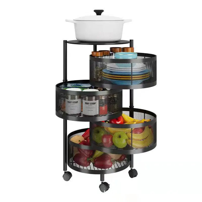 Kitchen Rolling Foldable Portable Storage Multi Tier Round Fruit Vegetable Shelf  Organizer Trolley Cart No Assembly Furniture