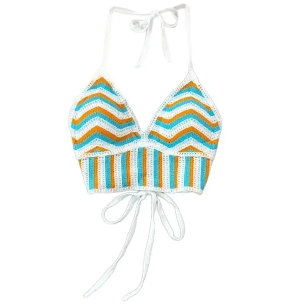 Fashion Knitted Bohemian Crochet Top Hollow Out Backless Ethnic Style Sexy Halter Top Swimwear Top Women