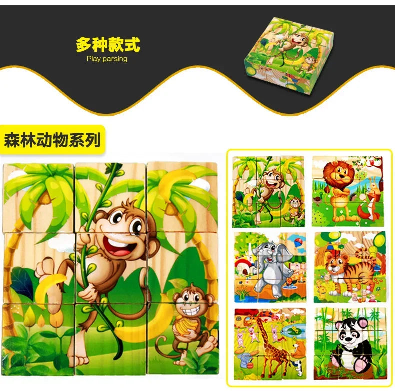 3D cube Wooden puzzle children's nine pieces six-sided wooden block tray children's Montessori learning educational puzzle toys