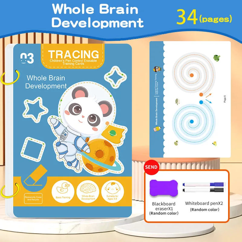 34-Page Reusable Educational Workbook Set, Perfect for Children's Drawing and Handwriting Training, Ideal for Christmas
