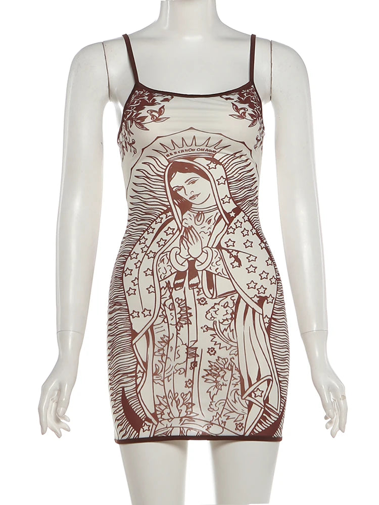 Kliou Sexy See Through Sling Dress Woman Summer Trend Art Print Low-Neck Backless Sleeveless Skinny Peach Buttocks Mini Bodycon