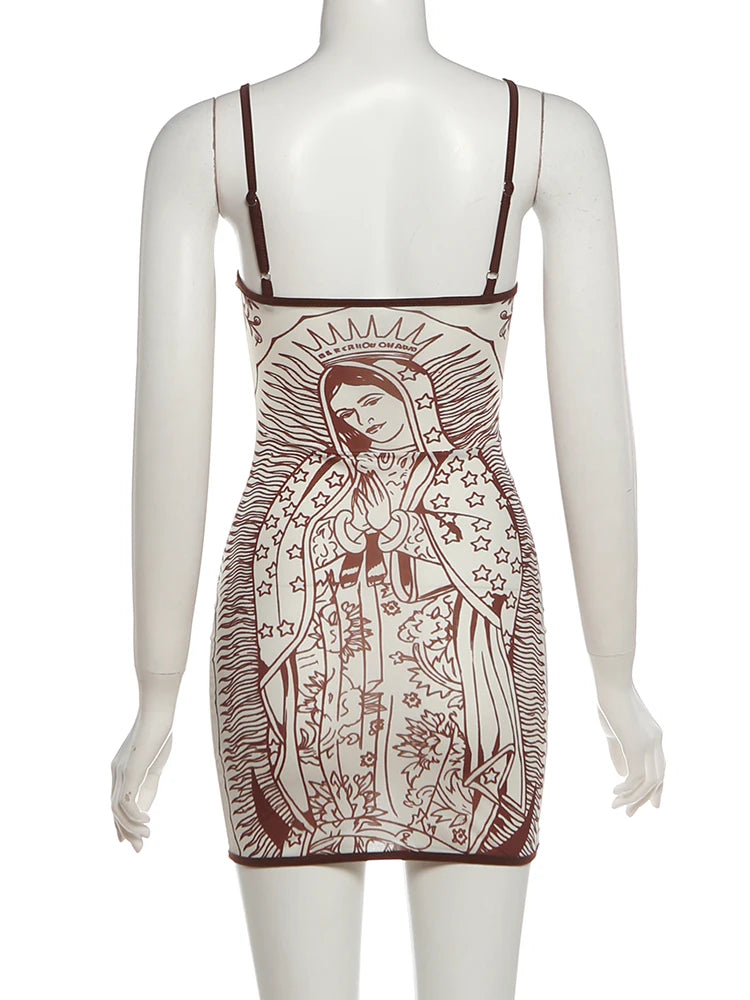 Kliou Sexy See Through Sling Dress Woman Summer Trend Art Print Low-Neck Backless Sleeveless Skinny Peach Buttocks Mini Bodycon