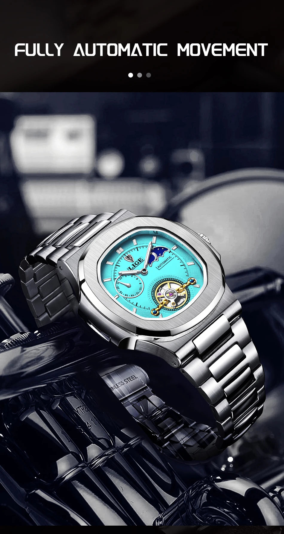 LIGE Dual Seconds Tourbillon Watch 24 Hour Mechanical Watch Men Stainless Steel Authentic Watch Night Glow Waterproof Mens Watch
