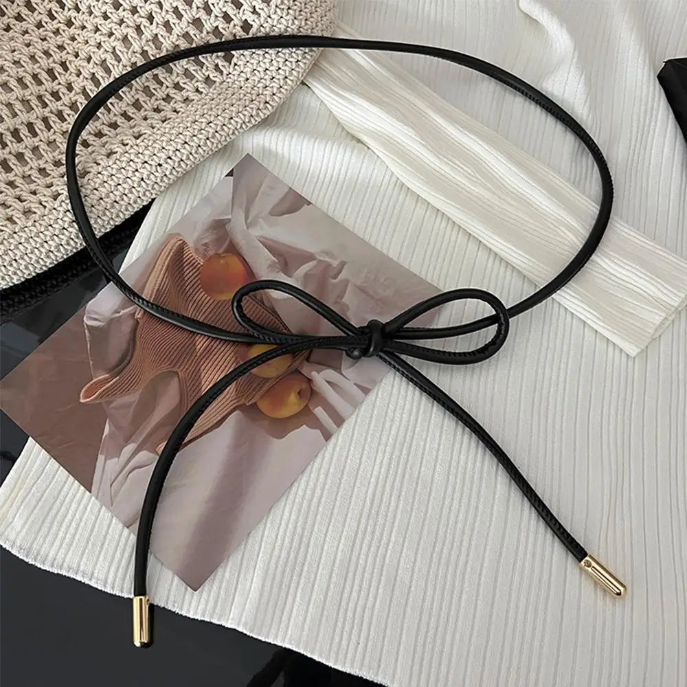 New Round Leather Thin Belt Women Decorative Bow Knot Waist Rope Knotted Dress Coat Sweater String Strap Waistband