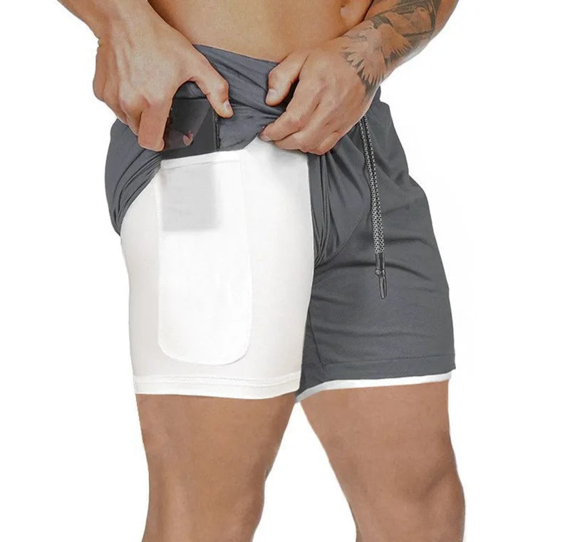 2 in 1 Compression Shorts for Men Gym Workout Running Shorts with Phone Pockets Athletic Quick Dry Activewear Training Jogging