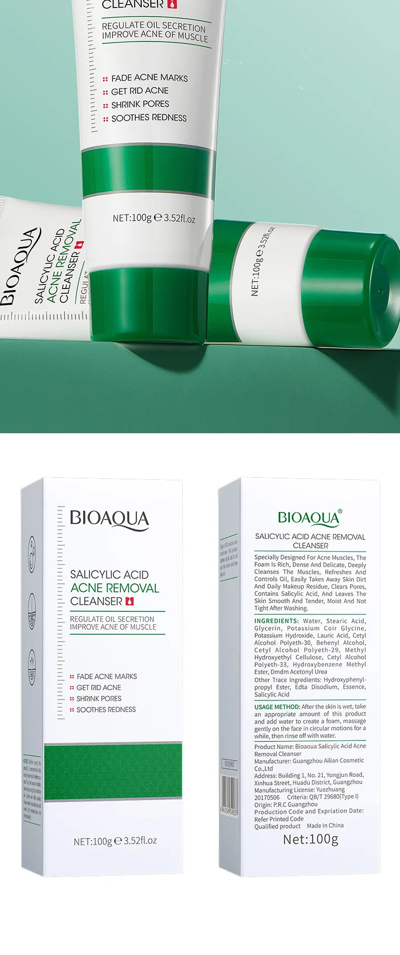 1/2pcs BIOAQUA Salicylic Acid Facial Cleanser Acne Treatment Moisturizing Oil Control Face Wash Foam Face Cleanser Skin Care
