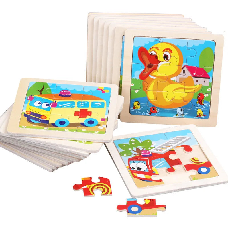 Wooden Toys 11x11cm Jigsaw 3d Puzzle Cartoon Animal Traffic Wooden Puzzle Game Montessori Educational Toys For Children