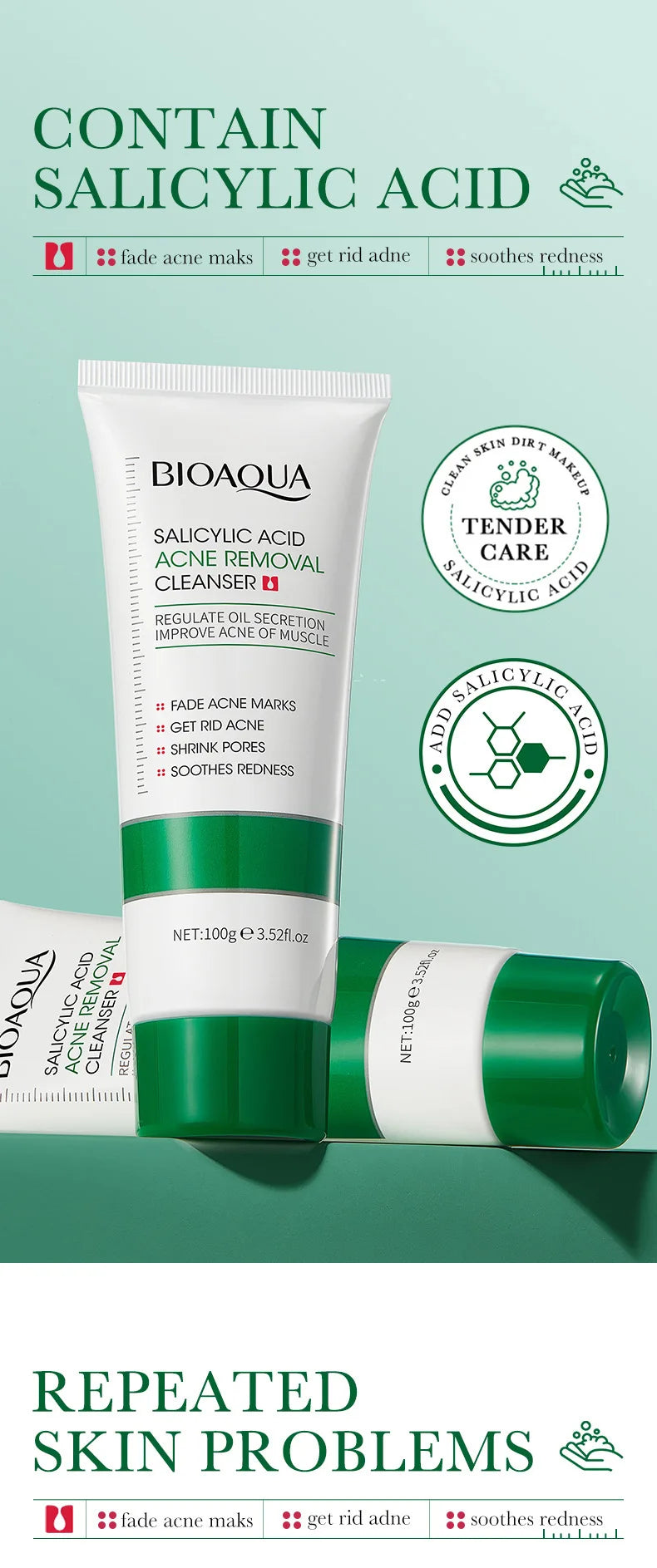 BIOAOUA Salicylic Acid Facial Cleanser Acne Treatment Moisturizing Oil Control Skincare Face Wash Foam Face Cleanser Skin Care