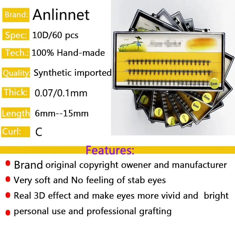 60 bundles/box individual lashes, 10D 0.07/0.1thick clusters eyelash extension, natural false eyelashes, makeup lashes wholesale