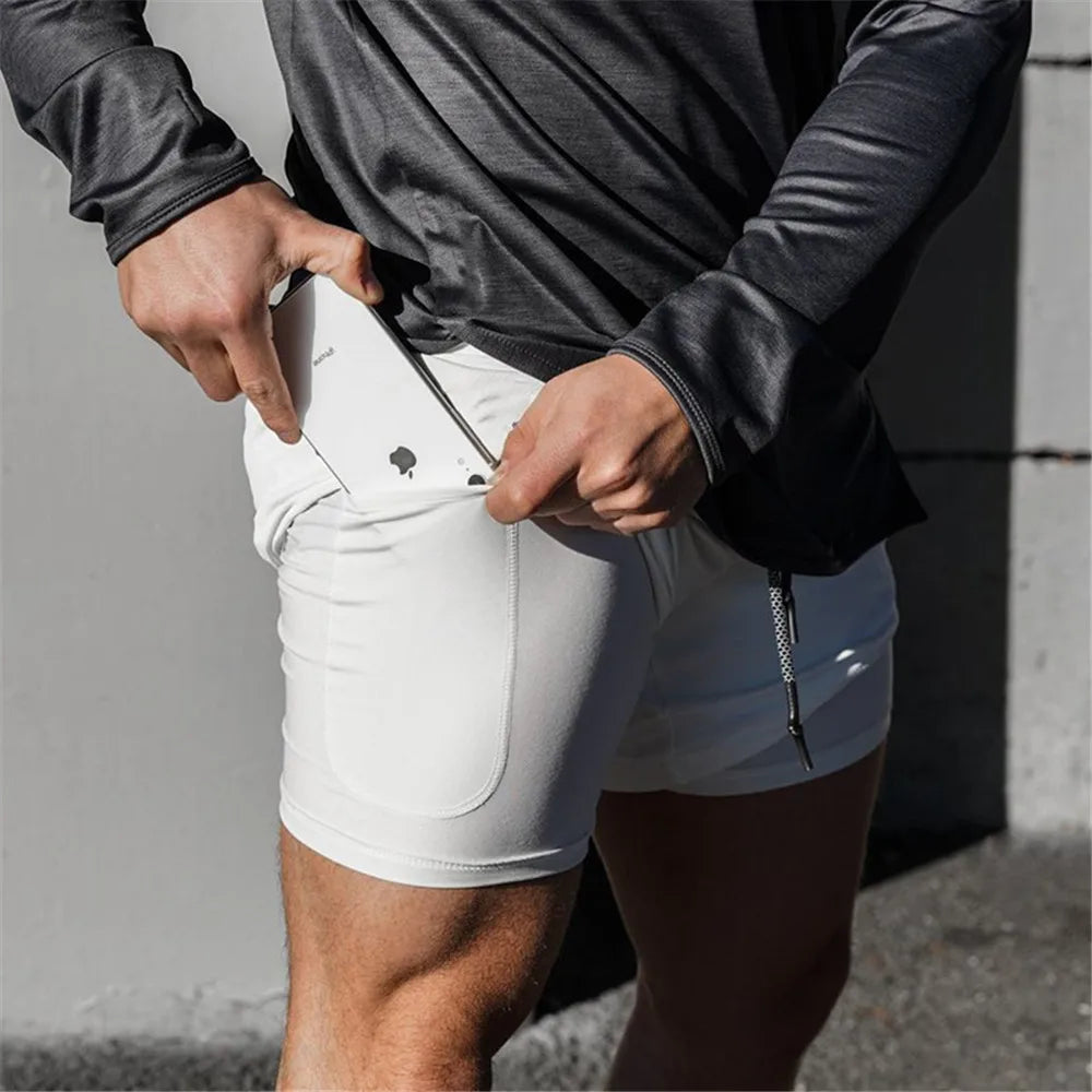 2 in 1 Compression Shorts for Men Gym Workout Running Shorts with Phone Pockets Athletic Quick Dry Activewear Training Jogging