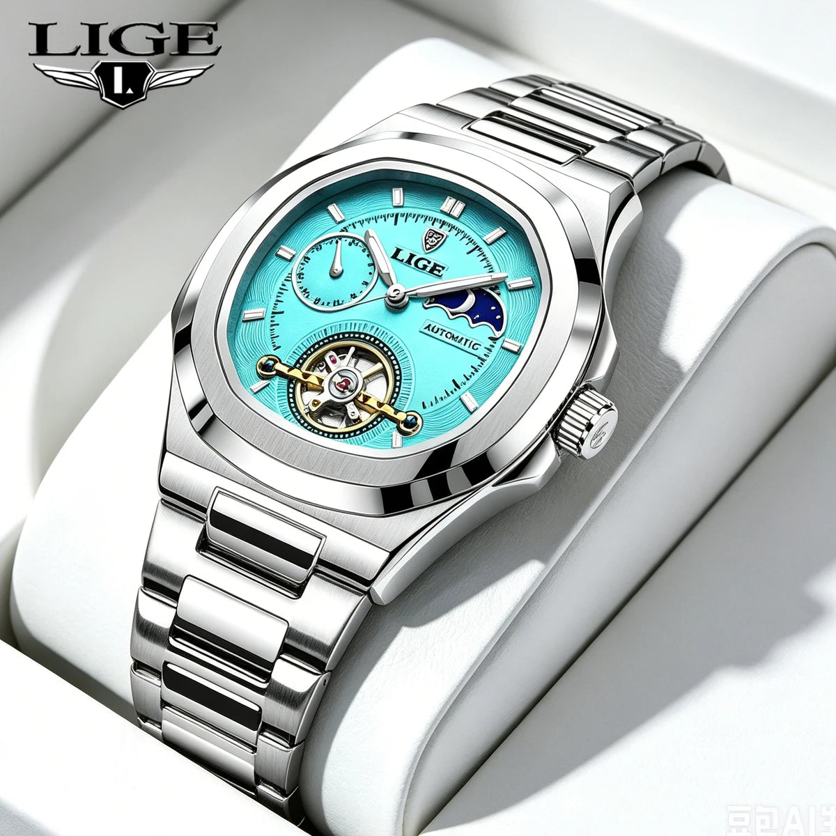 LIGE Dual Seconds Tourbillon Watch 24 Hour Mechanical Watch Men Stainless Steel Authentic Watch Night Glow Waterproof Mens Watch