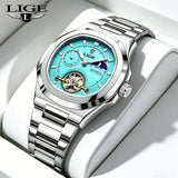 LIGE Dual Seconds Tourbillon Watch 24 Hour Mechanical Watch Men Stainless Steel Authentic Watch Night Glow Waterproof Mens Watch